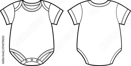 Baby onesie technical sketch, front back view, short sleeve bodysuit, fashion flat, cad drawing flat vector illustration, garment design