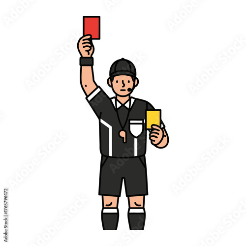 A cartoon illustration of a soccer referee holding up a red card with one hand and a yellow card in the other, signaling a penalty.
