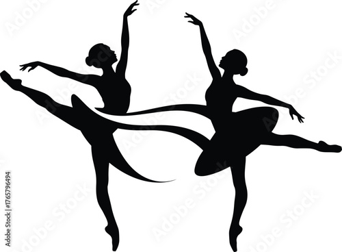 Ballet dancer silhouette vector illustration, black elegant pose icons, ribbon movement design, graceful performance artwork, synchronized dance graphic, white background