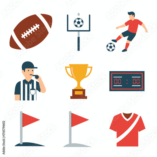 A collection of sports icons including an American football, soccer player, referee, trophy, scoreboard, and flags.