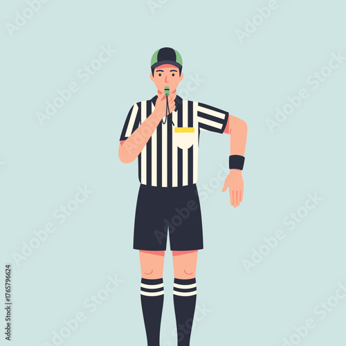 Illustration of a referee in a striped shirt blowing a whistle, signaling a foul.