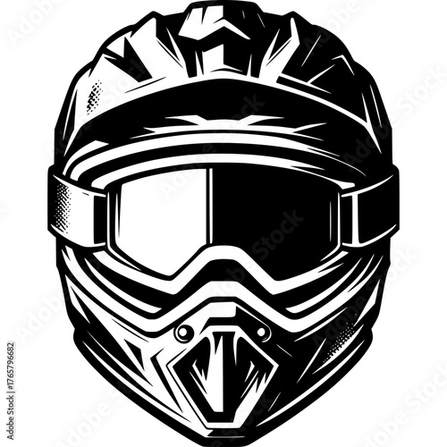 Motorcycle Helmet Silhouette: A detailed monochrome illustration of a motorcycle helmet, designed for safety and style. Depicting a sense of adventure, thrill and protection.