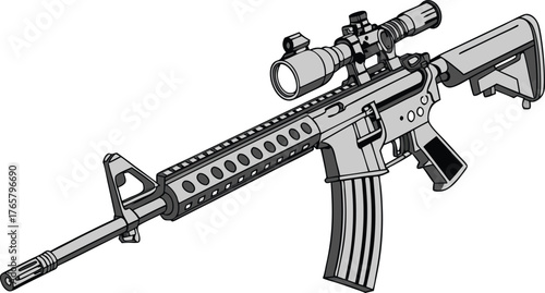 Powerful assault rifle with scope for tactical operations and military applications, showcasing modern firearm technology, original vector