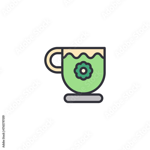 Flat icon of a green tea cup with leaf, symbolizing healthy drink, organic lifestyle, and refreshing hot beverage concept.