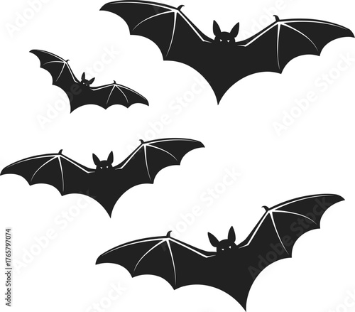 Bat silhouette vector illustration, black flying bats design, gothic animal icons, Halloween theme graphic, nocturnal creature artwork, white background