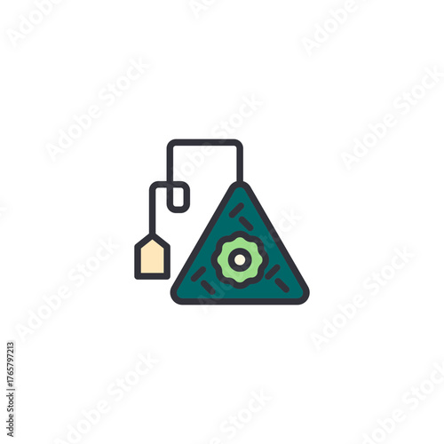 Flat icon of a pyramid tea bag, symbolizing convenience brewing, herbal infusion, and modern tea packaging design.