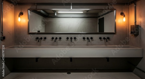 Atmospheric Industrial Washroom Featuring a Long Concrete Trough Sink and Symmetrical Warm Lighting.