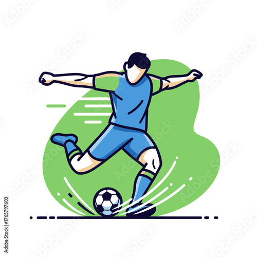 Illustration of a soccer player in a blue uniform kicking a football on a vibrant green background with motion lines.