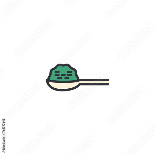 Vector illustration of a spoon with green matcha powder, symbolizing healthy organic tea, Japanese drink, and wellness beverage.
