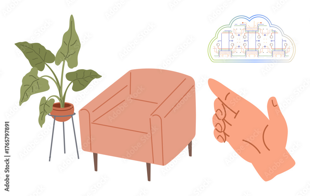Fototapeta premium Armchair next to a potted plant, hand pointing toward a cloud with interconnected nodes. Ideal for interior design, connectivity, sustainability, technology, innovation, comfort, decision-making