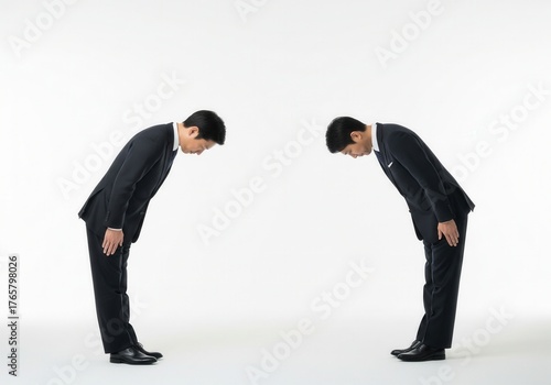 Two Japanese Businessmen In Suits Bow In Respectful