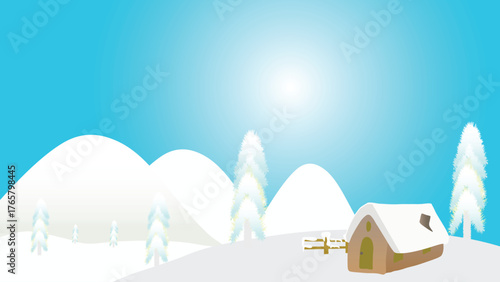 Christmas Landscape Background. Illustration of a beautiful snowy Christmas landscape with white sky and mountains for use as a holiday background
