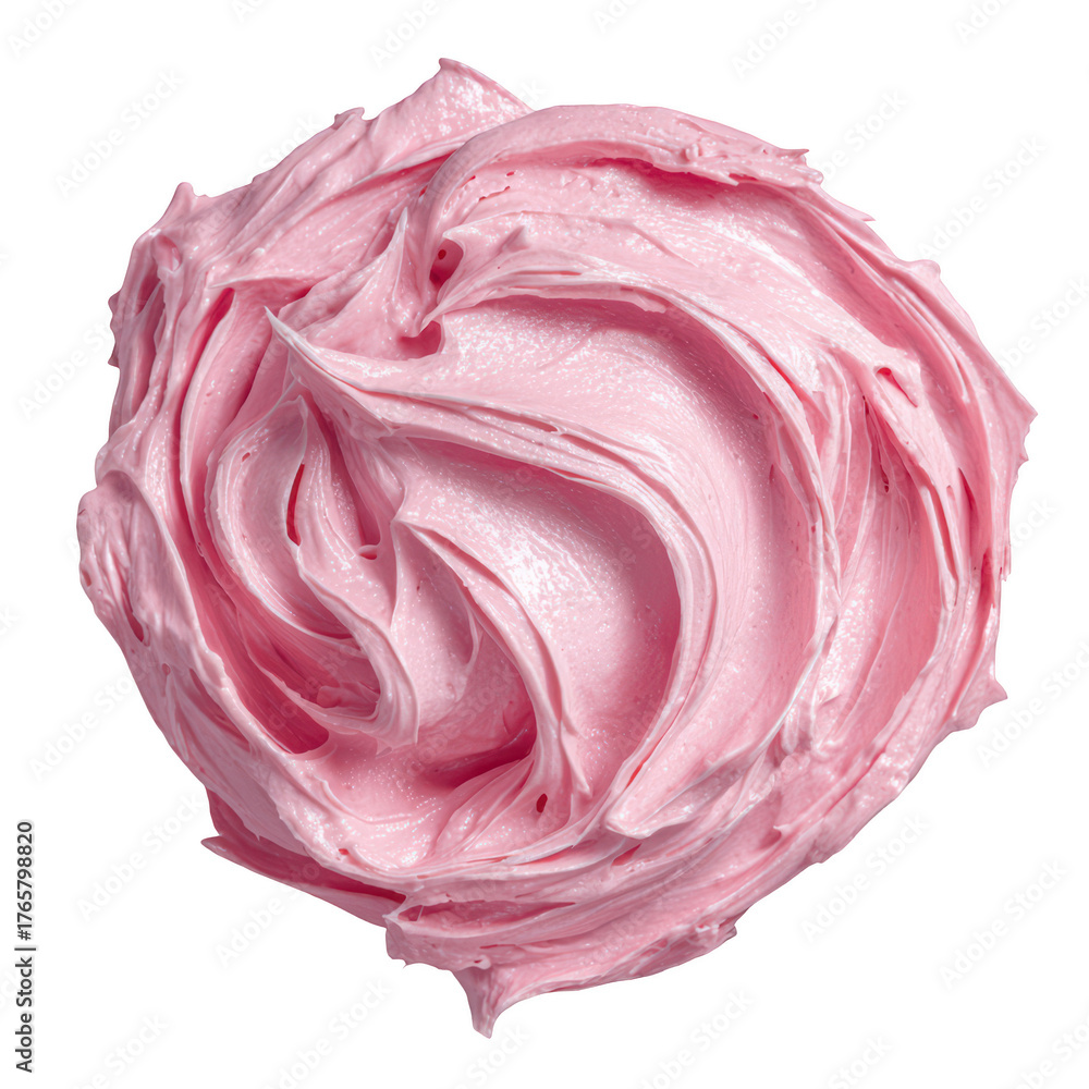 Obraz premium A beautiful swirl of creamy pink frosting or cosmetic cream isolated on a plain black background