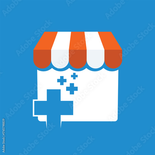 Storefront medical cross pixel logo pharmacy shop market retail clinic service icon

