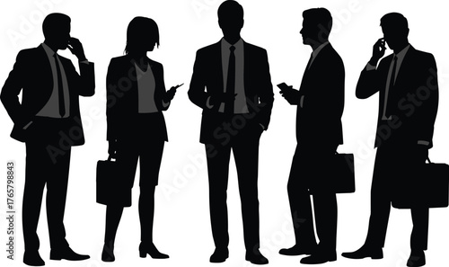 Business professionals silhouette, corporate teamwork, formal attire, mobile communication, briefcase holding, networking concept, white background, vector illustration for office culture
