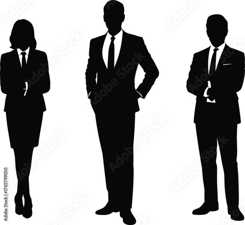 Business silhouette vector, professional team illustration, corporate people standing, formal attire, confident posture, white background, office concept, leadership, teamwork
