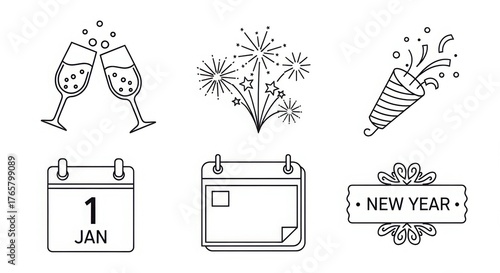 New Year Celebration Line Art Icons Set