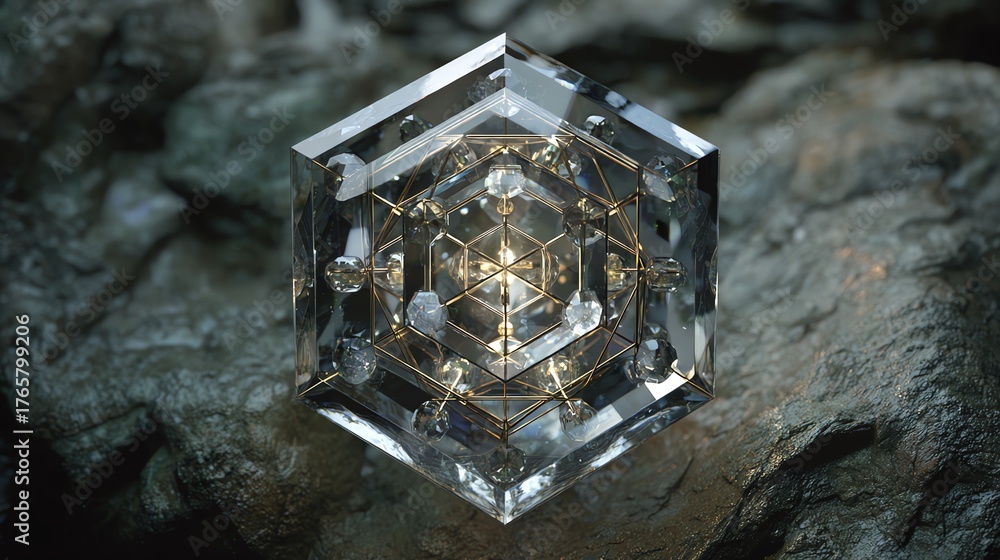 Fototapeta premium A mesmerizing sci-fi crystal grid composed of transparent geometric shapes, evoking a futuristic and ethereal atmosphere.