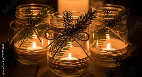 Three Glass Jar Candle Holders Adorned with Twine and Greenery