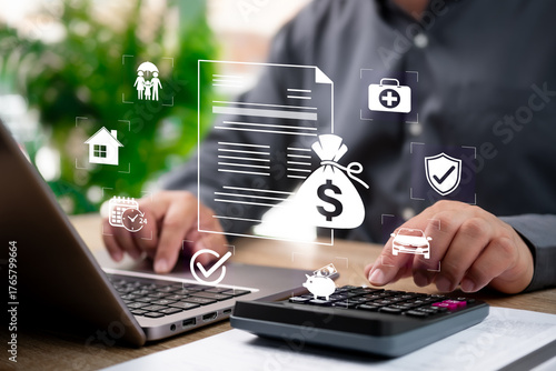 Insurance document, Financial Protection Concept, Businessman Reviewing Policy Documents, Calculating Premiums for Health, Home, and Travel Insurance, Medical Expense Planning, Compensation Coverage