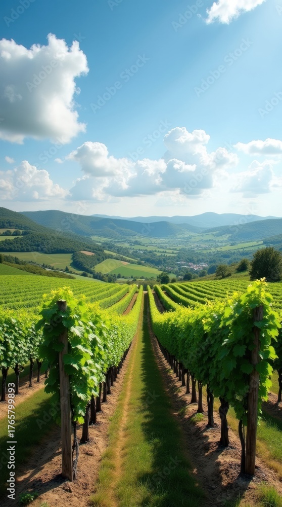 Naklejka premium Stunning vineyard landscape with lush green vines under a vibrant blue sky perfect for wine ads