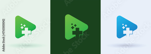Play button medical cross pixel logo media health video streaming clinic icon

