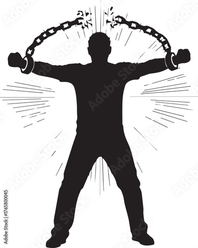 Silhouette of a person breaking chains signifying freedom and human rights triumph