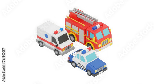 3d Isometric Emergency Vehicles Police Fire Truck Ambulance