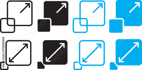 maximize and minimize icons. expanding arrow. Size scale expand icon symbol. Expand icon vector set full screen