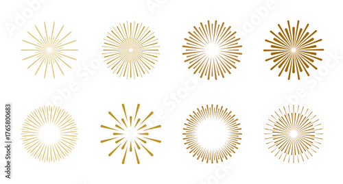 A set of abstract festive golden fireworks flashes, isolated on a white background, vector illustration. Decorative element for decoration, design, postcard, poster. Brilliant shining sun rays
