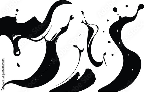 Abstract black ink splashes and swirls on a transparent background, evoking a sense of dynamic movement and artistic expression