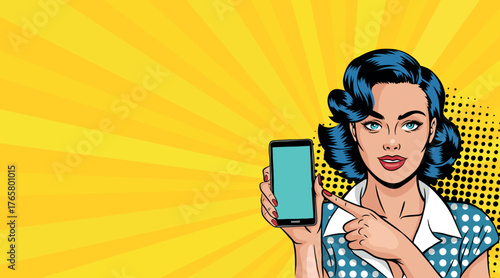 A woman with a blank smartphone screen and dark hair. Bright vector background in a retro comic pop art style.