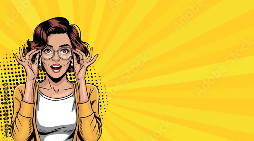 A beautiful, surprised woman lowers her glasses. Colorful vector background in a retro comic pop art style.
