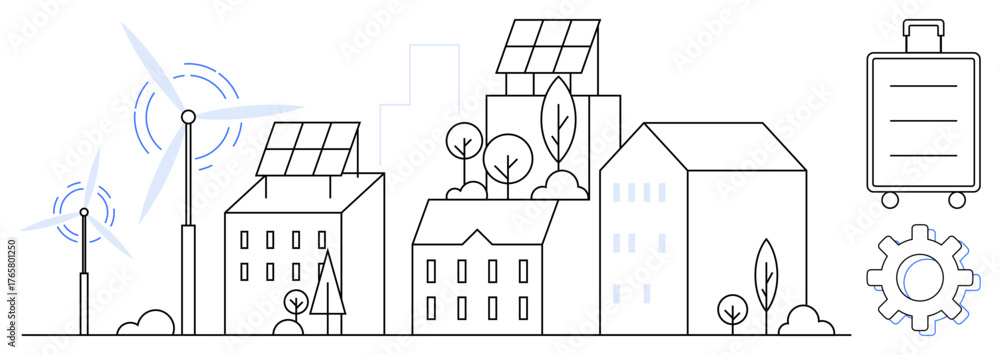 Fototapeta premium Urban skyline with solar panels, wind turbines, trees, and a battery symbolizing clean energy. Ideal for renewable energy, eco-innovation, city planning, sustainability, modern technology