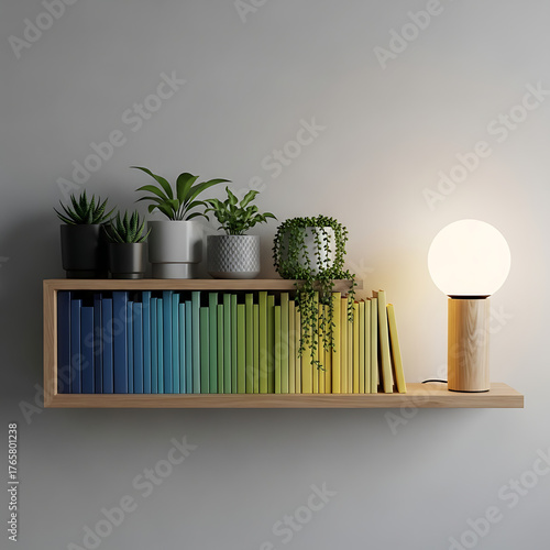 A wooden shelf filled with rainbow colored books and potted plants illuminated by a lamp