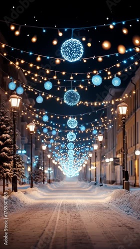 Wallpaper Mural A long street with Christmas lights hanging from the poles. The lights are blue and yellow and are lit up Torontodigital.ca