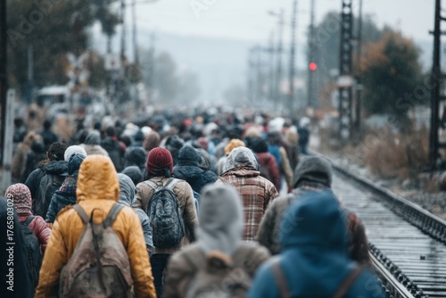 Crowd of refugees moving along railroad tracks in the rain, symbolizing displacement and journey