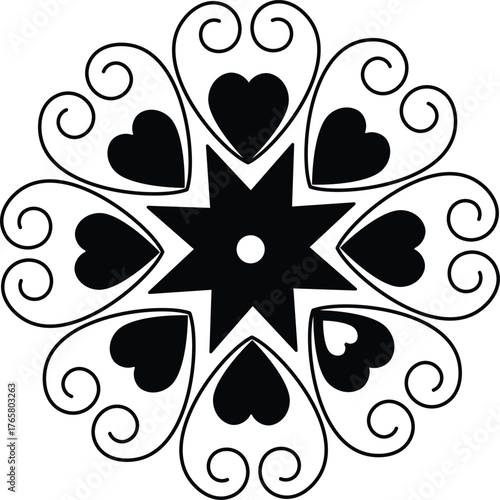 Vector black and white mandala with hearts and swirls isolated on white background