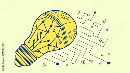 Abstract digital light bulb with circuit board design, symbolizing innovation and technology, radiating energy and creativity