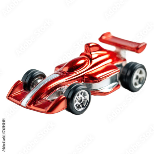 A red toy race car with a silver body and black wheels
