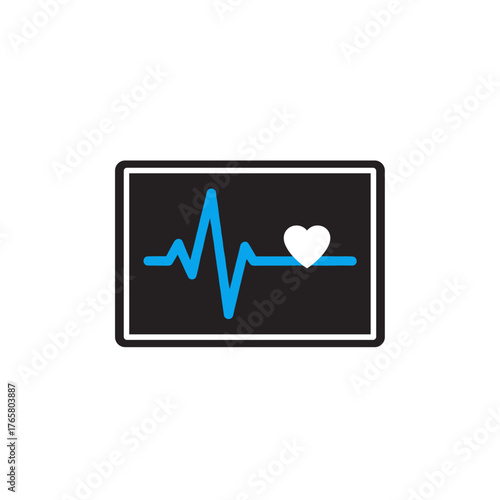 Heart monitor icon with blue heartbeat line and heart shape on black background 
