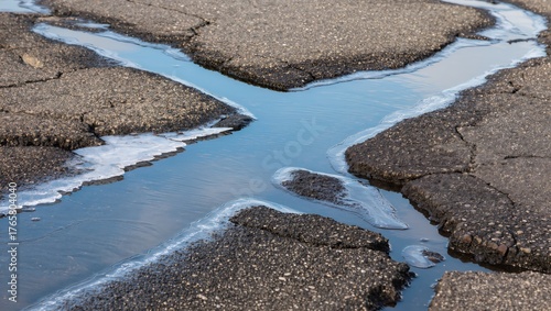 Fototapeta Naklejka Na Ścianę i Meble -  Weathered asphalt, transformed into a miniature aquatic landscape after rain, where cracks and crevices collect rainwater creating small pools.