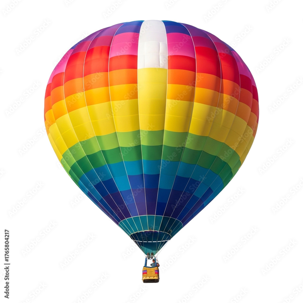 Obraz premium A colorful hot air balloon with rainbow pattern isolated on transparent background is flying in the sky