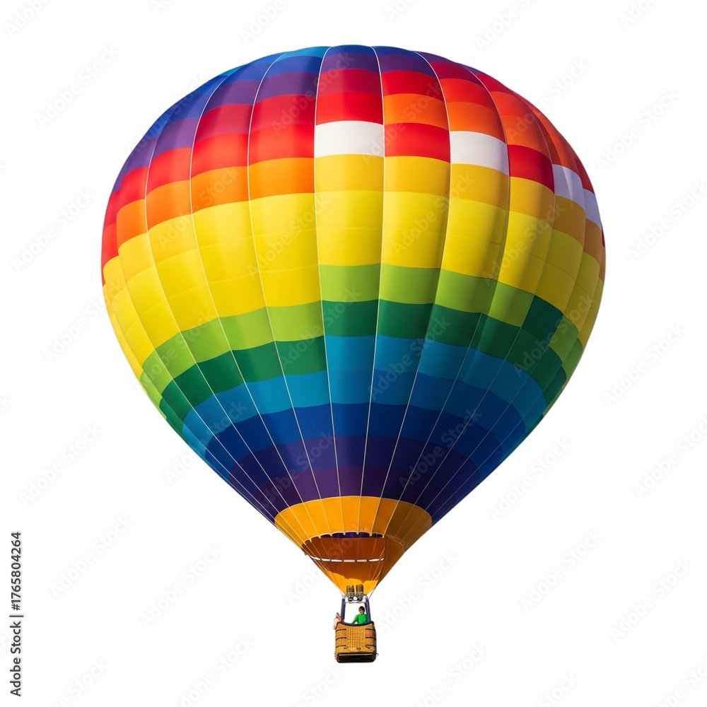 Fototapeta premium A colorful hot air balloon with rainbow pattern isolated on transparent background is flying in the sky