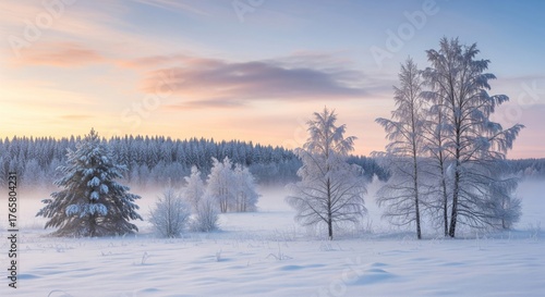 Wallpaper Mural Winter Wonderland Landscape with Snow Covered Trees and Foggy Field at Sunset Torontodigital.ca