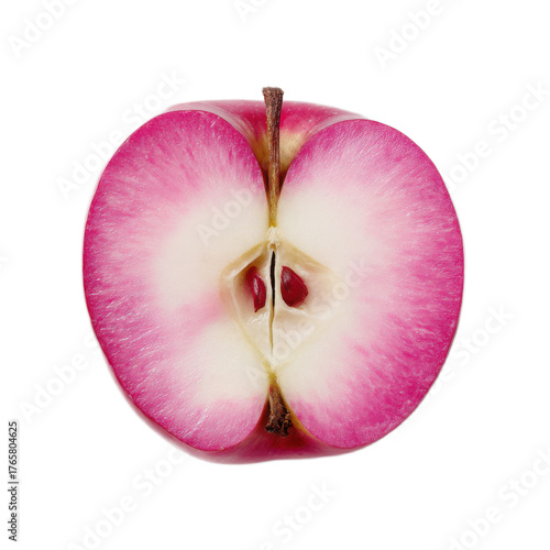 A pink apple with a stem is cut in half