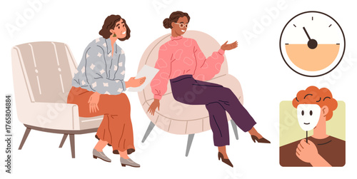 Two people in chairs discussing topics as another person holds a face mask clock symbolizes time. Ideal for mental health, emotional well-being, therapy, workplace communication, time management