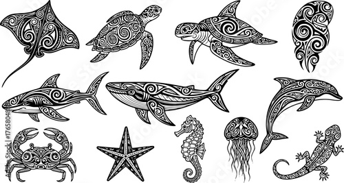 Polynesian tribal animal tattoos. Maori style ocean creatures as stingray, sea turtle, shark, whale, dolphin, crab, starfish, seahorse and jellyfish. Lizard ethnic ink art vector set