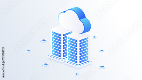 Cloud computing central isometric vector illustration. Cloud computing network with server connections. Good for websites, banners, and landing page.