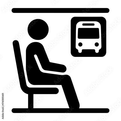 Person sitting on public bus seat icon with transparent background — representing public transportation, commuter seating, or passenger area in a bus or coach.
